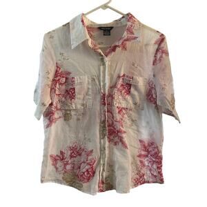 Kate Landry Women's Delicate Sheer Gold Red Floral Button Up‎ Size XL